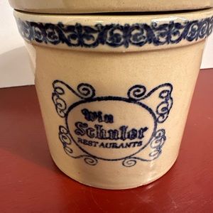 Vtg Win Schuler Restaurants Pottery Crock With Lid Stoneware Blue Advertising